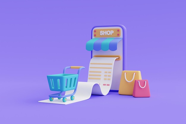 Concepto de compras en línea en el teléfono inteligente 3d con carrito y bolsa de compras, promoción de marketing digital, pago en línea. Ilustración de render 3d.