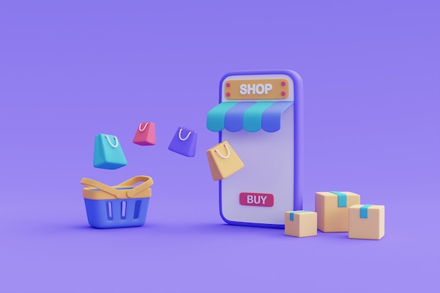 Concepto de compras en línea en el teléfono inteligente 3d con cesta y bolsa de compras, promoción de marketing digital, pago en línea. Ilustración de render 3d.