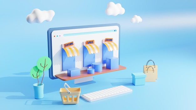 Concepto de compras en línea Tienda de compras en línea en la computadora Diseño moderno para banners web sitios web elementos de la tienda infografía ilustración de renderizado 3d
