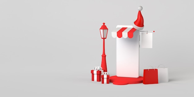 Concepto de compras navideñas online con smartphone. Copie el espacio. Ilustración 3D.