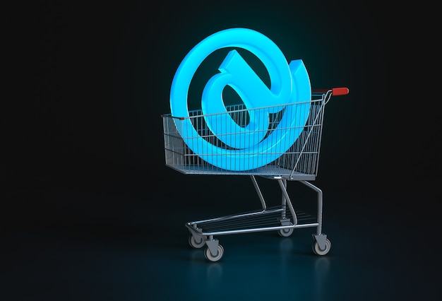 Concepto de compras online. Signo @ azul grande en el carrito de compras en negro. Render 3d