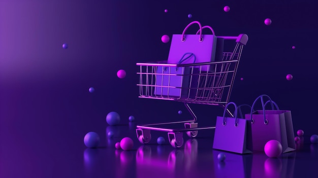 Concepto de compras ultravioleta con carrito y bolsas