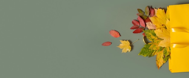 Concepto de compras y ventas de otoño Composición de hojas caídas de otoño y una bolsa de compras sobre un fondo verde