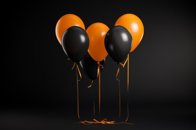 Concepto de compras del viernes negro Globos naranjas y negros flotando en el aire sobre fondo oscuro