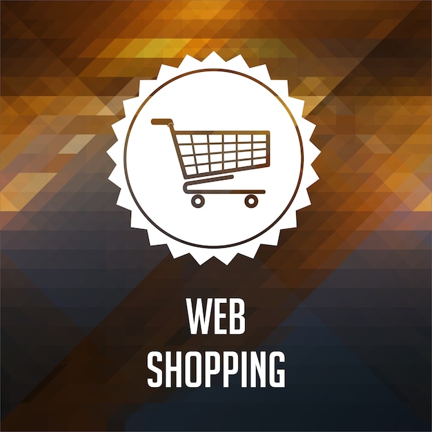 Foto concepto de compras web. diseño de etiqueta retro. fondo inconformista de triángulos, efecto de flujo de color.