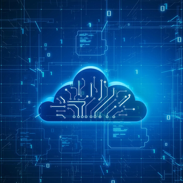 Concepto de computación y almacenamiento de datos de tecnología de procesamiento de datos con símbolo de nube digital con esquema de circuito sobre fondo tecnológico de matriz abstracta azul oscuro Representación 3D