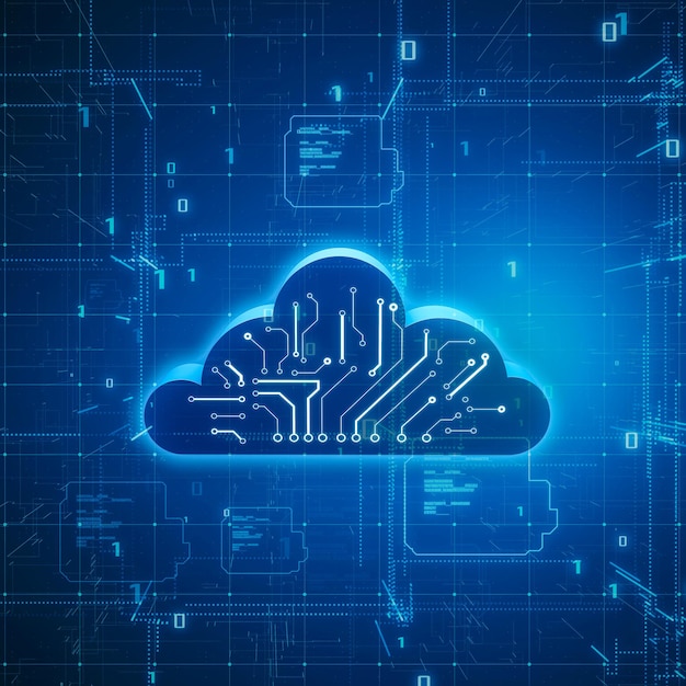 Concepto de computación y almacenamiento de datos de tecnología de procesamiento de datos con símbolo de nube digital con esquema de circuito sobre fondo tecnológico de matriz abstracta azul oscuro Representación 3D