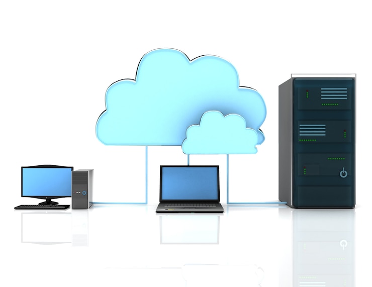 Foto concepto de computación en la nube 3d sobre fondo blanco.