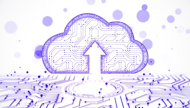 Concepto de computación en nube abstracto con placa de circuito y flecha de carga en fondo claro Renderización 3D