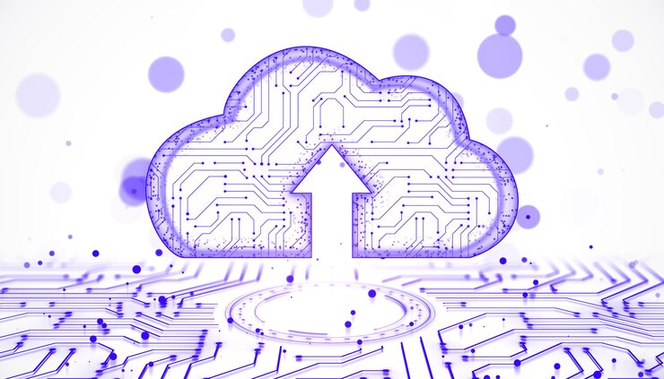 Foto concepto de computación en nube abstracto con placa de circuito y flecha de carga en fondo claro renderización 3d