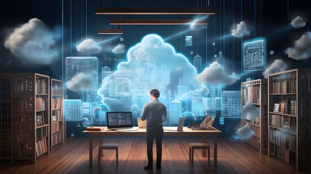 Concepto de computación en la nube Ciudad digital en el cielo