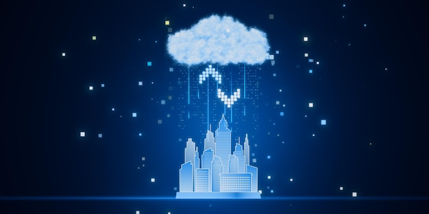Concepto de computación en la nube Comunicación inalámbrica por Internet de ciudad inteligente con servicios de almacenamiento en la nube Descargar datos de carga en el servidor Holograma sobre fondo azul Representación 3D