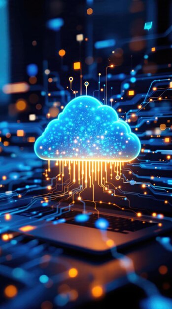 Concepto de computación en nube digital icono de nube brillante por encima de la computadora portátil que representa el almacenamiento de datos