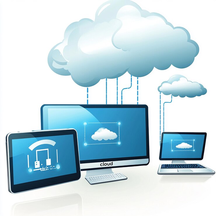 Foto concepto de computación en nube con dispositivos conectados a la nube