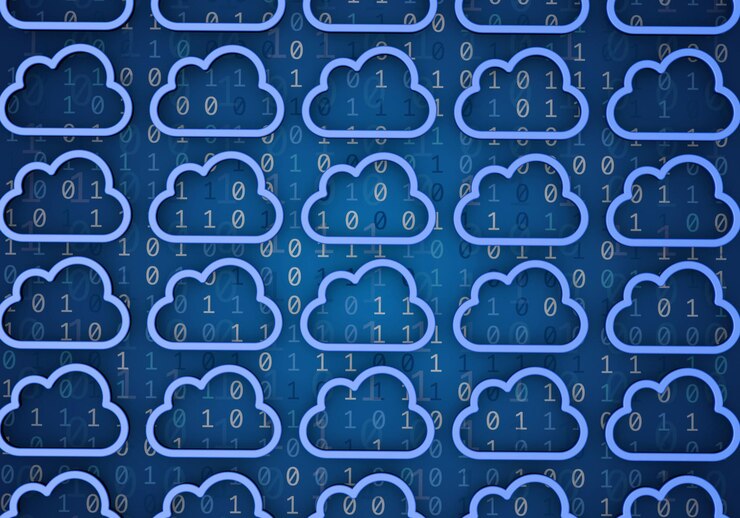 Foto concepto de computación en la nube forma de nube azul sobre un fondo de código binario representación 3d