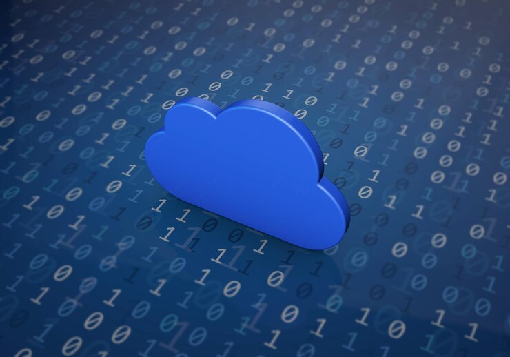Foto concepto de computación en la nube forma de nube azul sobre un fondo de código binario representación 3d
