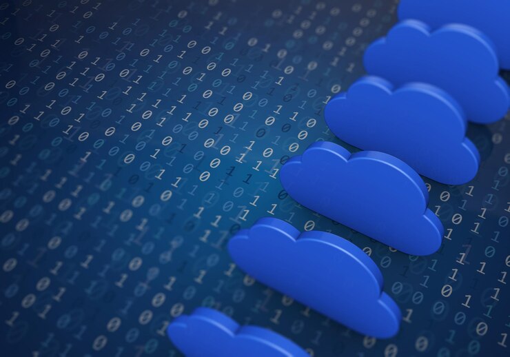 Foto concepto de computación en la nube forma de nube azul sobre un fondo de código binario representación 3d
