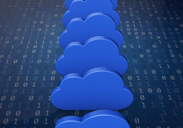 Concepto de computación en la nube Forma de nube azul sobre un fondo de código binario Representación 3D