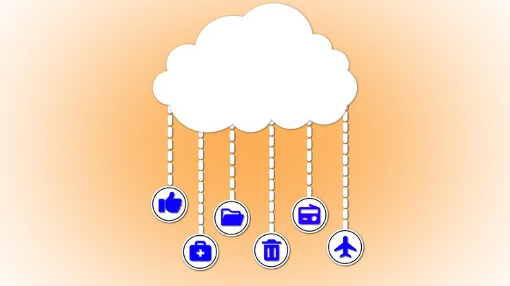Foto concepto de computación en la nube con íconos para el almacenamiento de íconos de correo electrónico en un fondo colorido