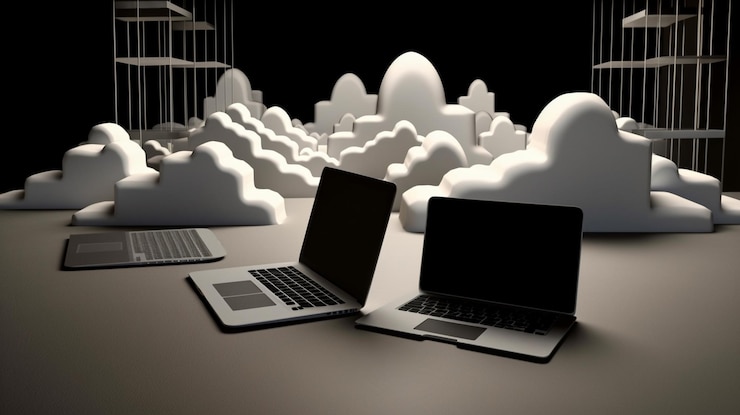 Foto concepto de computación en la nube con laptop y tablet pcgenerative ai