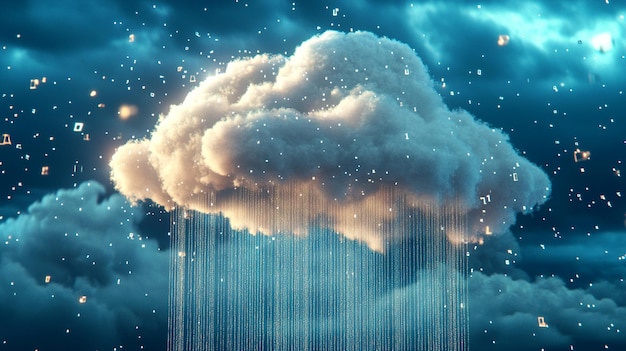 Concepto de computación en la nube lluvia digital y bits cuadrados una representación visual del flujo y proceso de datos