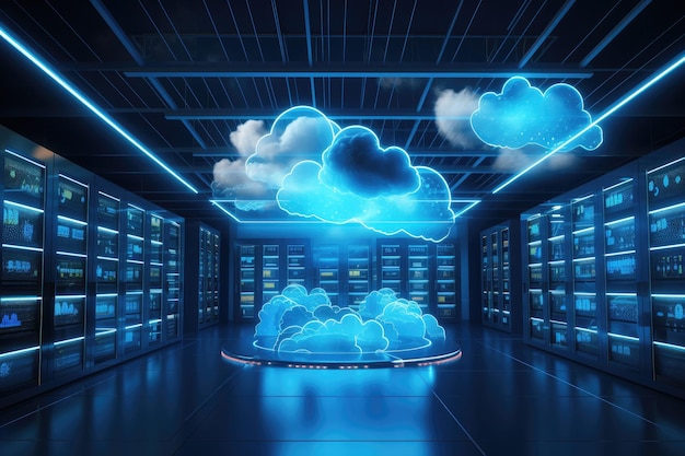 Concepto de computación en la nube con sala de servidores y luces azules brillantes Representación 3D Centro de servicio de datos en la nube de copia de seguridad Representación 3D Generado por IA