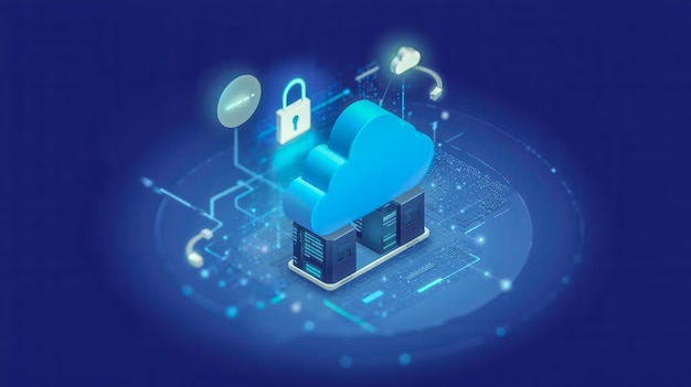 Concepto de computación en la nube con servidores de datos, bloqueo de seguridad digital y símbolos de tecnología futurista en fondo azul que representan almacenamiento seguro de datos en línea