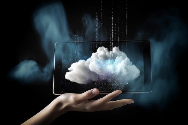 Concepto de computación en la nube Tablet en la mano con nube y datos en fondo oscuro