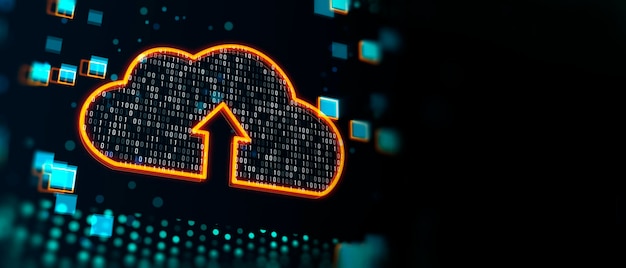 Concepto de computación en nube y transferencia de datos con símbolo de nube digital con flecha en el interior cubierta por código binario en fondo oscuro con espacio para su logotipo publicitario o afiche simulado de representación 3D
