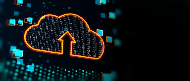 Foto concepto de computación en nube y transferencia de datos con símbolo de nube digital con flecha en el interior cubierta por código binario en fondo oscuro con espacio para su logotipo publicitario o afiche simulado de representación 3d