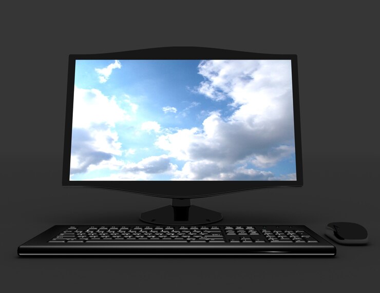 Foto concepto de computadora 3d desctop. 3d rindió la ilustración