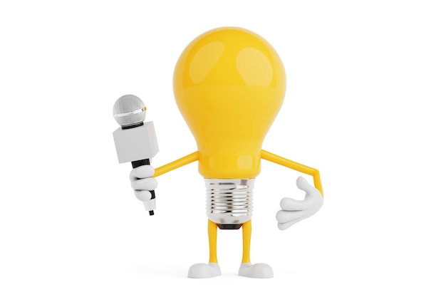 Concepto de comunicación creativa Lámpara de luz Personaje sosteniendo el micrófono Renderización 3D