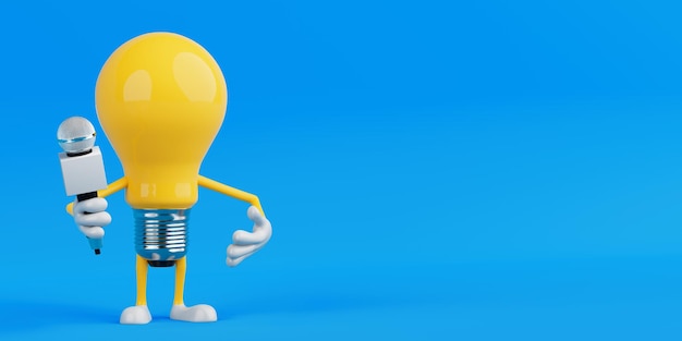 Concepto de comunicación creativa Lámpara de luz Personaje sosteniendo el micrófono Renderización 3D