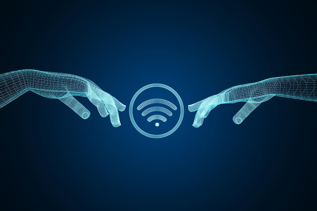 El concepto de comunicación por Internet con señal wifi conectó dos diseños de manos humanas