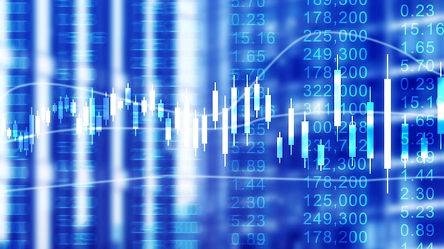 Concepto de concepto de gráfico de kline del mercado de valores con el edificio del centro financiero borroso