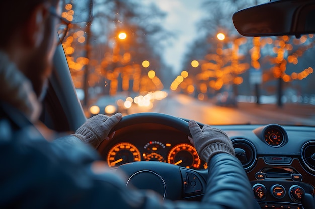 Concepto de conducción Manos de un hombre conduciendo un coche con el cielo nocturno en el fondo El sol