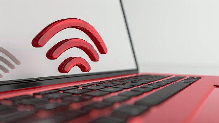Foto concepto de conectividad inalámbrica teclado de portátil con íconos de señal roja