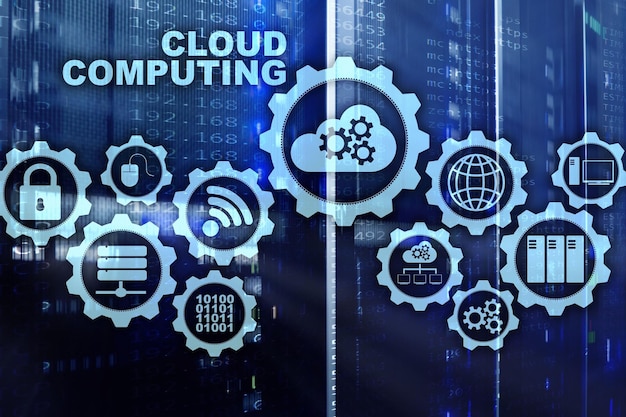 El concepto de conectividad de la tecnología de computación en la nube en el fondo de la sala de servidores