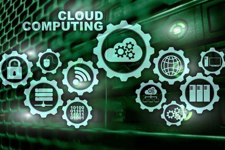 Foto concepto de conectividad de tecnología de computación en la nube en el fondo de la sala de servidores
