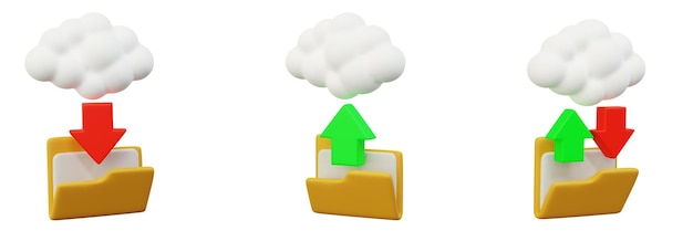 Concepto de conexión de computación en la nube 3D copia de seguridad de datos y descarga en la nube con carpeta y flecha de intercambio