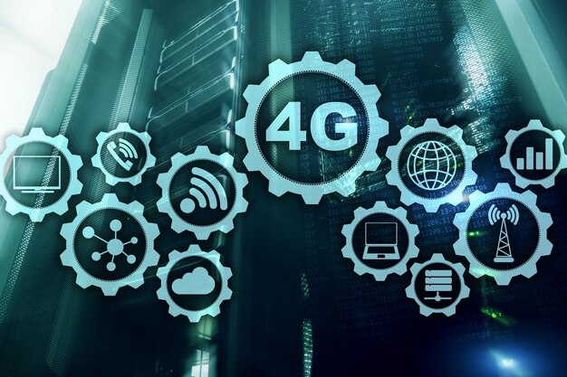 Concepto de conexión de datos de alta velocidad celular de telecomunicaciones móviles 4G LTE en el fondo de la sala de servidores