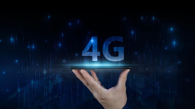 Concepto de conexión de datos celular de alta velocidad de telecomunicaciones móviles logotipo de tecnología de comunicación inalámbrica 4G LTE