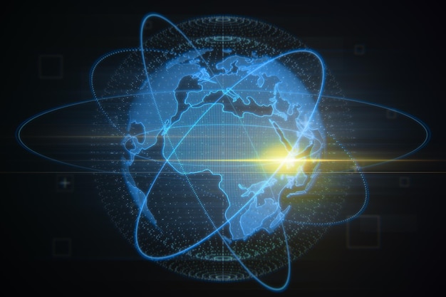 Concepto de conexión global y telecomunicación con globo de mapa del mundo digital en esfera punteada abstracta y trayectoria satelital en renderizado 3D de fondo oscuro