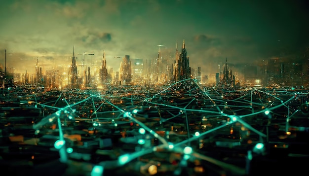 El concepto de una conexión a Internet de alta velocidad visualizada como cables que envían datos en un espectacular paisaje urbano futurista ciberpunk Arte digital Ilustración 3D