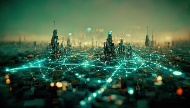 El concepto de una conexión a Internet de alta velocidad visualizada como cables que envían datos en un espectacular paisaje urbano futurista ciberpunk Arte digital Ilustración 3D