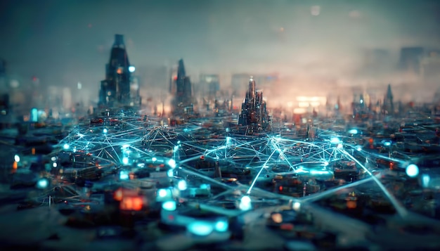 El concepto de conexión a Internet de alta velocidad visualizado como redes de cable brillantes que envían datos digitales sobre un espectacular paisaje urbano futurista ciberpunk con rascacielos Arte digital Ilustración 3D