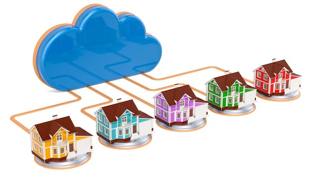 Concepto de conexión a Internet Nube informática con renderizado 3D de casas