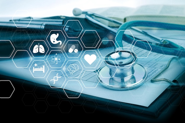 Concepto de conexión de red de atención médica de globo virtualCiencia y tecnología de innovación médica futuros servicios y soluciones inteligentes sostenibles