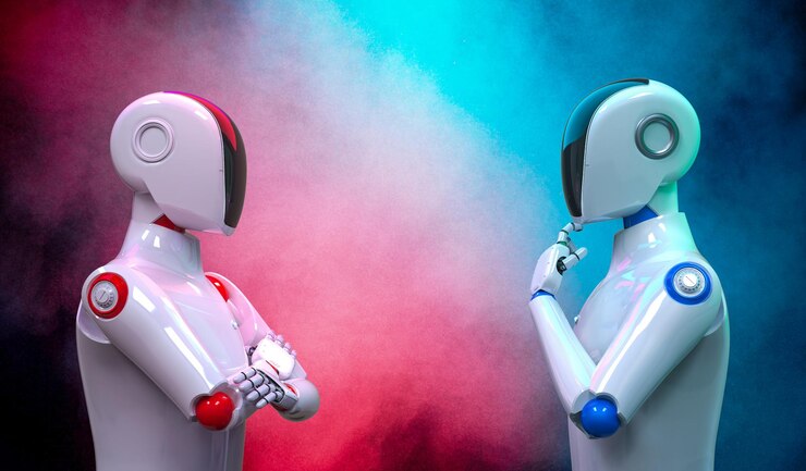 Foto concepto de confrontación tecnológica con cyborg rojo y azul
