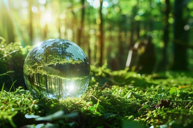 Concepto de conservación del medio ambiente Primer plano de un globo de vidrio en el bosque con espacio de copia